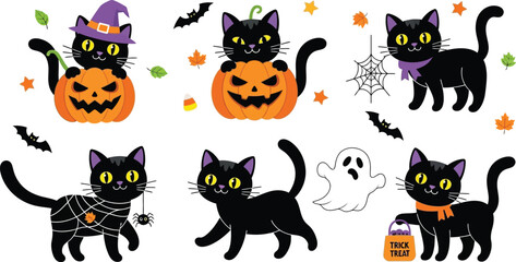 Vector art of cute black cats with pumpkins and bats for halloween