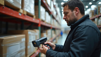Man in dark jacket scans barcode with device in warehouse. He works among shelving with stacks of packaged goods. Man holds scanner in hands, checks product information.