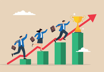 Flat illustration of business people run up graph to trophy symbolizing teamwork and achievement towards business goals