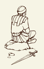 Vector drawing. Old roman Soldier resting on the stone