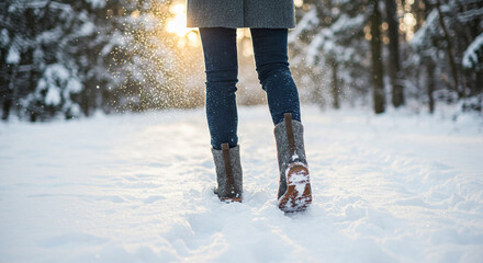 Woman in felt boots walking through snowy winter forest, seasonal outdoor activity and nature exploration