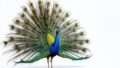 Male peacock shows stunning fan tail feathers. Bird displays vibrant blue, green colors. Elegant animal poses on white background. Exotic peafowl spreads large plumage, looks proud, beauty evident in
