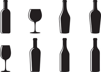 Wine Bottle and Glass Silhouette Set &ndash; Elegant Black Vector Collection of Bottles and Wine Glasses for Bar Menu Design,  Restaurant Logos, Beverage Packaging, and Drink Illustration Projects
