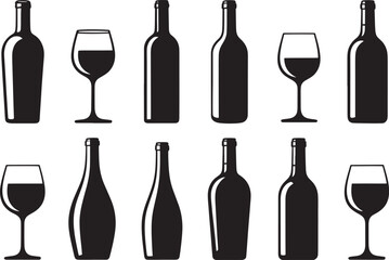 Wine Bottle and Glass Silhouette Collection &ndash; Elegant Black Vector Set of Various Wine Bottles and Glasses for Bar Menu Design,  Restaurant Logos, Beverage Packaging, and Drink Illustration Projects
