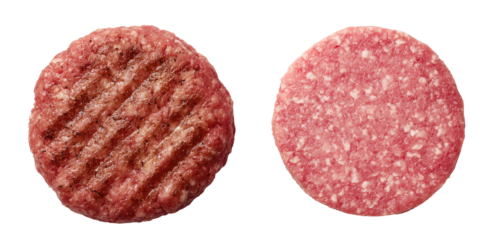 Two round patties, one grilled, one sliced