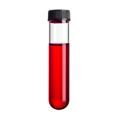Isolated, upright glass tube containing a bright red liquid, sealed with a black cap, on black background