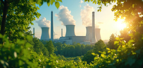 Eco power plant works among nature with wind turbines. Eco industry creates sustainable resources with eco friendly manufacturing. Green tech improves earth future. Industry reduces carbon footprint