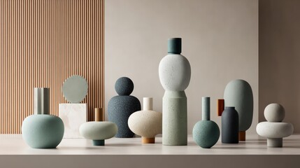 Modern decorative vases in soft color palette with minimalist design elements