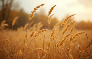 Obraz premium Golden wheat field in autumn at sunset. Ripe cereal crops sway, glow warm in sun light. Rural farm land with grain plants ready for harvest season. Agriculture food production concept shows beautiful