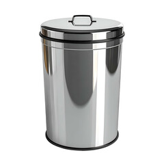 Cylindrical, shiny, stainless-steel trash receptacle with a lid and handle