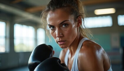 Woman in boxing gloves looks at camera. She stands inside gym. Athlete is focused determined to achieve. Fight training for competition in the ring.