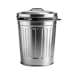 Shiny, ribbed metal trash can with a lid, isolated on a black background