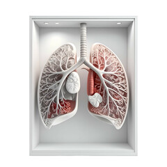 Anatomical depiction of human lungs within a white box, highlighting vasculature and detail