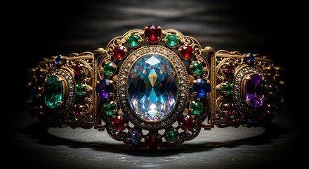 Fototapeta premium Ornate Gold Bracelet with Large Central Gemstone and Colorful Jewels