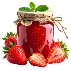 A jar of bright red strawberry jam with fresh fruit surrounding it and a sprig of mint