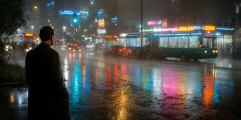 Rainy night in the city with colorful reflections and a solitary figure waiting on the sidewalk