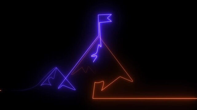 Glowing neon line of man conquering mountain peak icon isolated on transparent vneon Mountain range one line drawn animation. Mountains with flag linear.goal achiever Success icon animation with neon