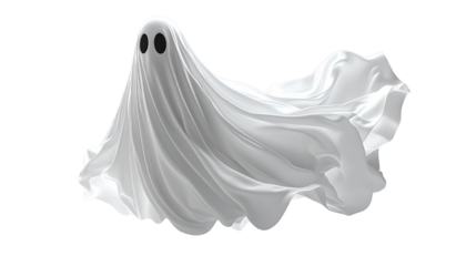 Dynamic sheet ghost with wind-swept folds, side view, isolated on transparent background.