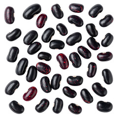 Overhead shot of numerous glossy, dark beans scattered randomly against a solid black background