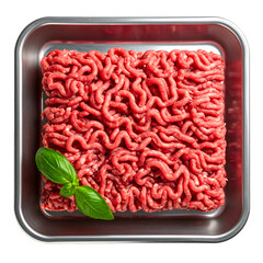 A square metal tray filled with uncooked ground meat, a single basil sprig rests on it