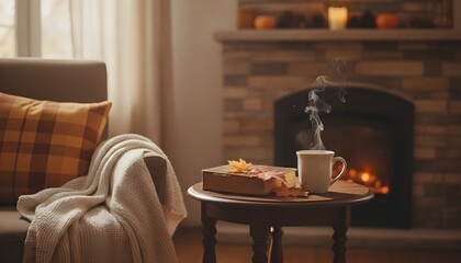 A tranquil autumn scene featuring a steaming mug of a hot drink next to a book by a cozy fireplace. A warm blanket on a chair adds to the comfortable atmosphere, perfect for themes of relaxation.