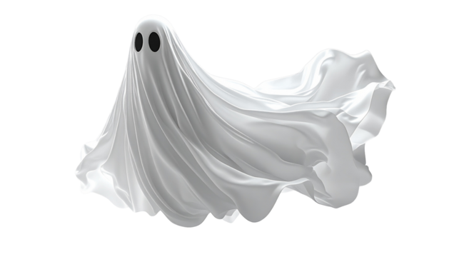 Dynamic sheet ghost with wind-swept folds, side view, isolated on transparent background.