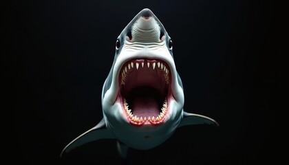 Fototapeta premium Great white with open mouth shows sharp teeth. Dangerous marine predator swims deep in ocean. Wild animal hunting underwater isolated on dark background. portrait.