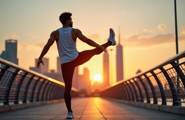 Young african american man exercising on bridge in city at sunset. He is stretching his leg and warming up for workout. Urban landscape with skyscrapers in background. Active lifestyle and fitness.