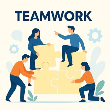 Teamwork illustration with four people assembling puzzle pieces