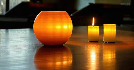 Warm light emanates from candles, illuminating reflective surface. Round orange vessel dominates composition, creating cozy ambiance.