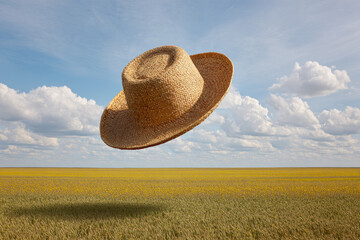 Straw hat floating mid air summer bright sky field countryside outdoor peaceful rural landscape sunny nature blue cloud yellow grass shadow wide horizon travel vacation relaxation freedom wind day