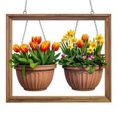 Two hanging flower baskets, tulips and daffodils within a wooden frame, with chain