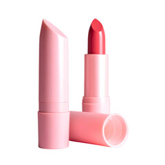 Two pink lipstick tubes, one closed, one open with red-pink color exposed