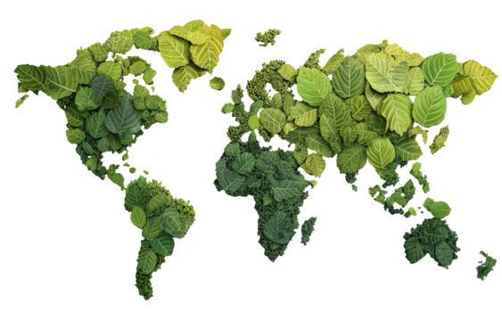 World map formed from various shades of green leaves
