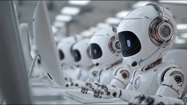 A row of humanoid robots with sleek white bodies and large black visors, working at computer stations in a modern office environment. The scene emphasizes technology and automation.
