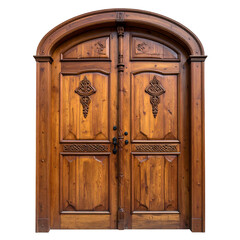 Intricate, aged wooden double doors, arched top, ornate carvings, warm tones, dark background