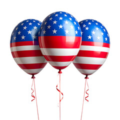 Three round balloons with American flag design, red streamers, and star-studded blue top
