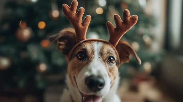A happy brown and white mixed-breed dog wearing reindeer antlers. The background features a decorated Christmas tree with ornaments.