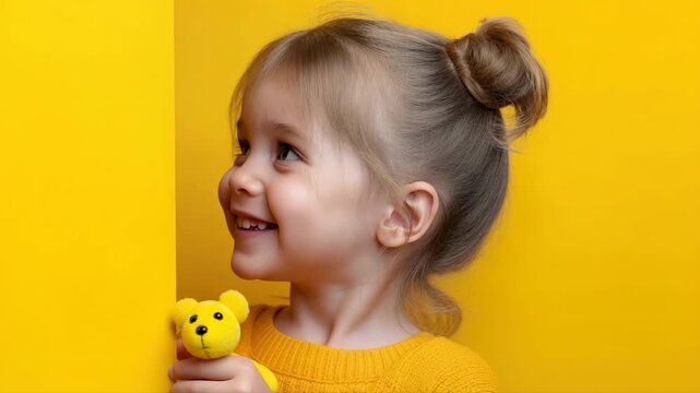 Cute child's emotional shift from shy to joyful with a yellow bear on bright yellow background