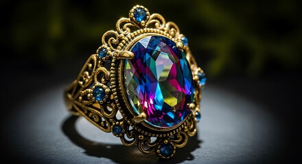 Ornate Gold Ring With Large Multi- Colored Gemstone And Blue Accents