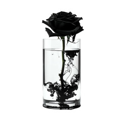 Black rose in a clear glass of water with ink plumes forming