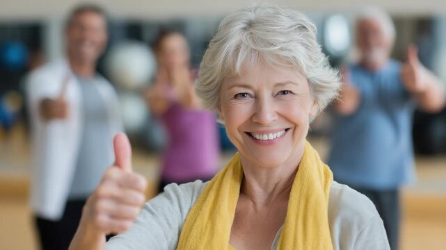 Smiling senior  woman with short gray hair and a yellow scarf gives a thumbs up. Diverse group of older adults in the background also showing thumbs up.