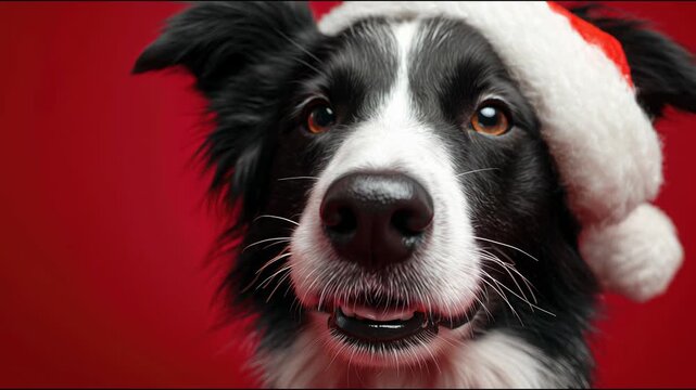 A happy black and white Border Collie wearing a Santa hat against a red background. The dog has a joyful expression and bright eyes.