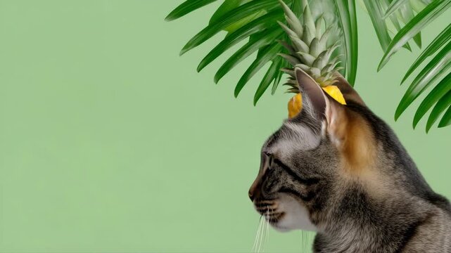 Curious tabby cat baffled by pineapple hat under lush tropical leaves