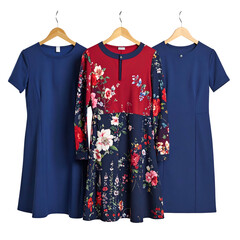 Three dresses on wooden hangers against a black background, two solid blue, one floral
