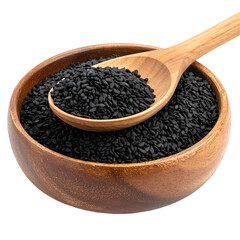 Black seeds fill a wooden bowl with a wooden spoon resting inside, close-up shot