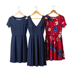 Three dresses, navy and floral, hang on wooden hangers against a black backdrop