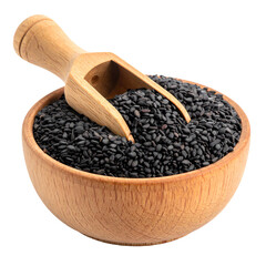 A wooden bowl filled with black seeds and a wooden scoop resting inside
