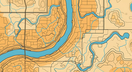 Obraz premium Stylized vector illustration of a fictional geographical map featuring a winding blue river through orange-toned land parcels and a grid of roads