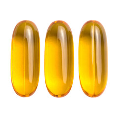 Three golden, oblong softgel capsules, side-by-side, against a stark black background